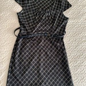 Olivia Matthews dress, belted waist, black with cream pattern, cap sleeves, 12